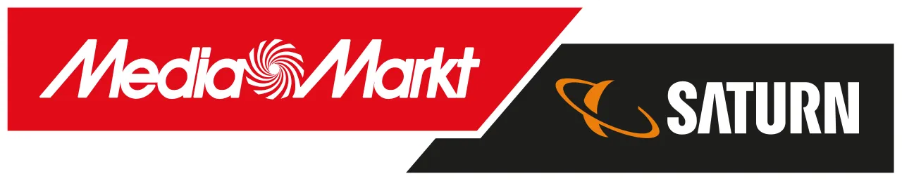 MediaMarkt und Saturn Logos nebeneinander mit MediaMarkt auf rotem Hintergrund und Saturn mit orangefarbenem Saturn-Symbol.