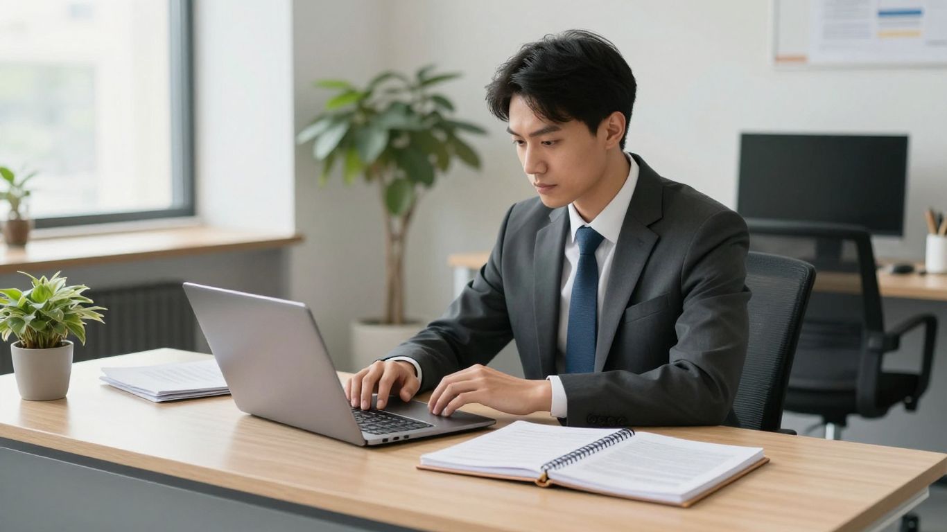 An attorney working at an office desk with a laptop