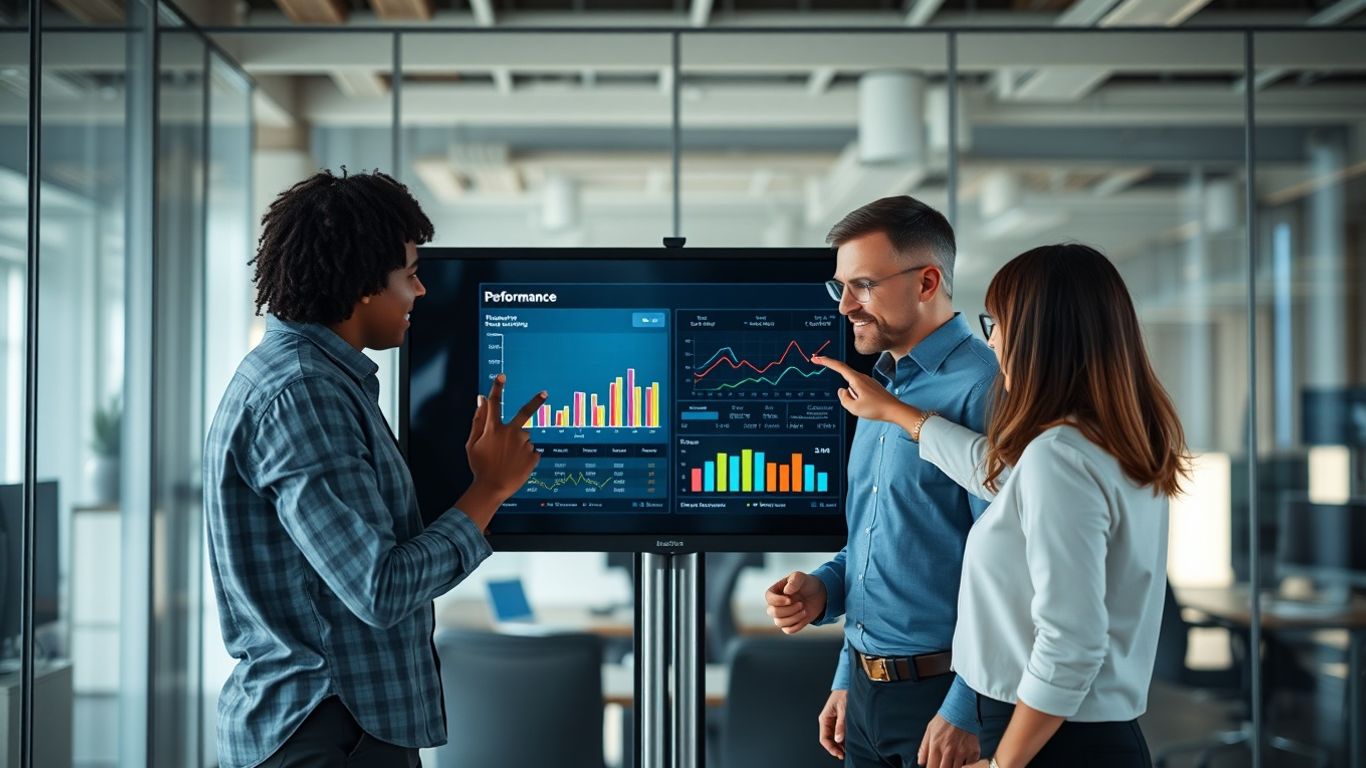 A diverse team reviewing digital strategy on a screen