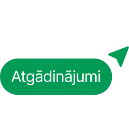 Green speech bubble with the white text 'Atgādinājumi' and a small green paper airplane icon on a black background.
