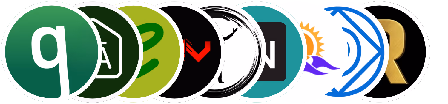 A row of nine circular app icons overlapping each other, including a green icon with a white lowercase 'q', a dark green icon with a white book symbol, a light green icon with a green 'e', a black icon with a red downward arrow, a black and white icon with a person silhouette, a teal icon with a white 'N', a white icon with a sun and purple wave, a white and blue icon with a stylized D, and a black icon with a gold letter 'R'.
