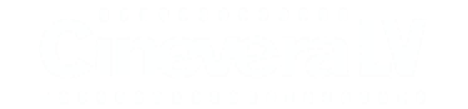 CineveraLV logo styled with white text and bordered by filmstrip perforations on top and bottom.