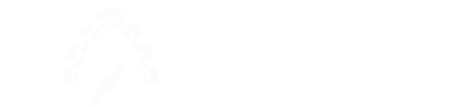 Arka-B logo featuring an arch design composed of rectangular blocks with a diagonal line inside the arch to the left of the text 'Arka-B'.