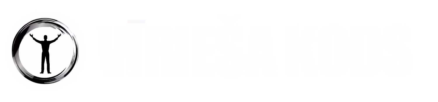 Logo featuring a black silhouette of a person with arms raised inside a circular brushstroke design, next to bold uppercase text reading VĪRIEŠA KODS.