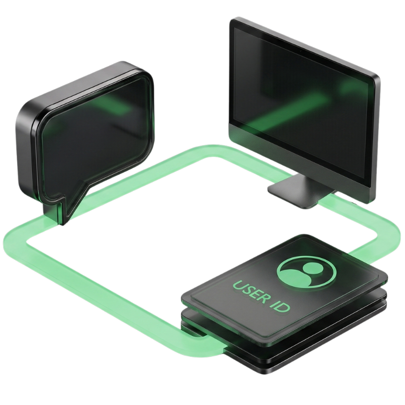 3D illustration of digital identity verification concept with a computer monitor, a speech bubble, and a user ID card connected by a glowing green frame.