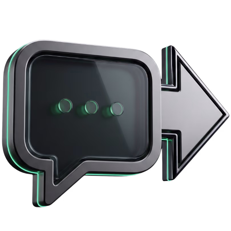 3D black and green chat bubble with three dots inside pointing to the right as an arrow.