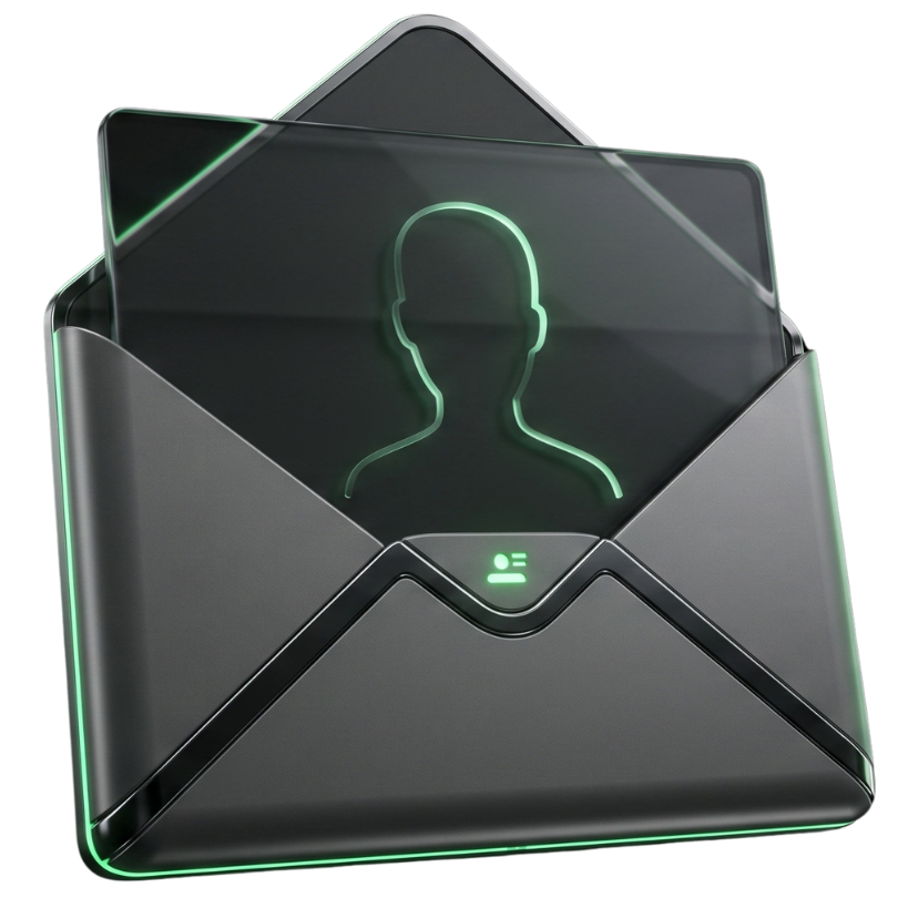 Futuristic dark gray envelope icon with glowing green edges and a transparent card showing a human silhouette emerging from it.