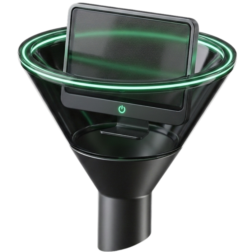 A black futuristic funnel-shaped device with a transparent upper section featuring a green glowing ring and a small rectangular screen with a green power symbol beneath it.