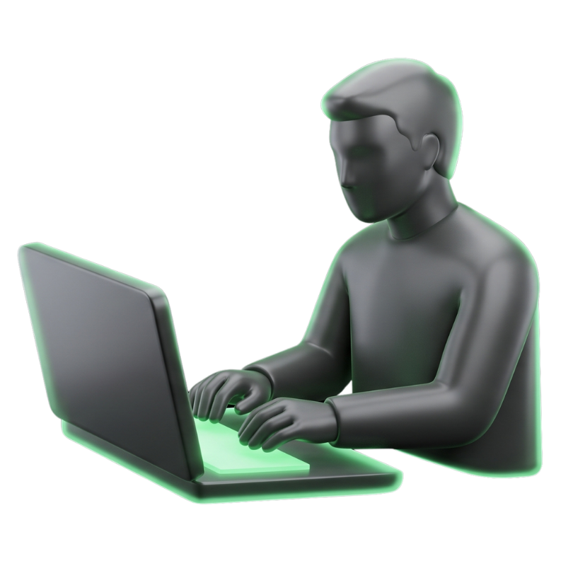 3D black figure of a person typing on a laptop with a glowing green keyboard and edges.