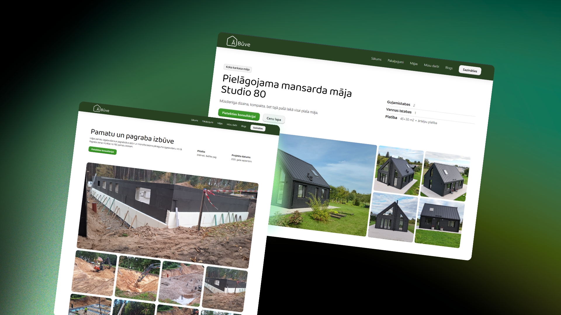 Ā Būves mājas projekta lapas skats ar platību, istabu skaitu un cenu