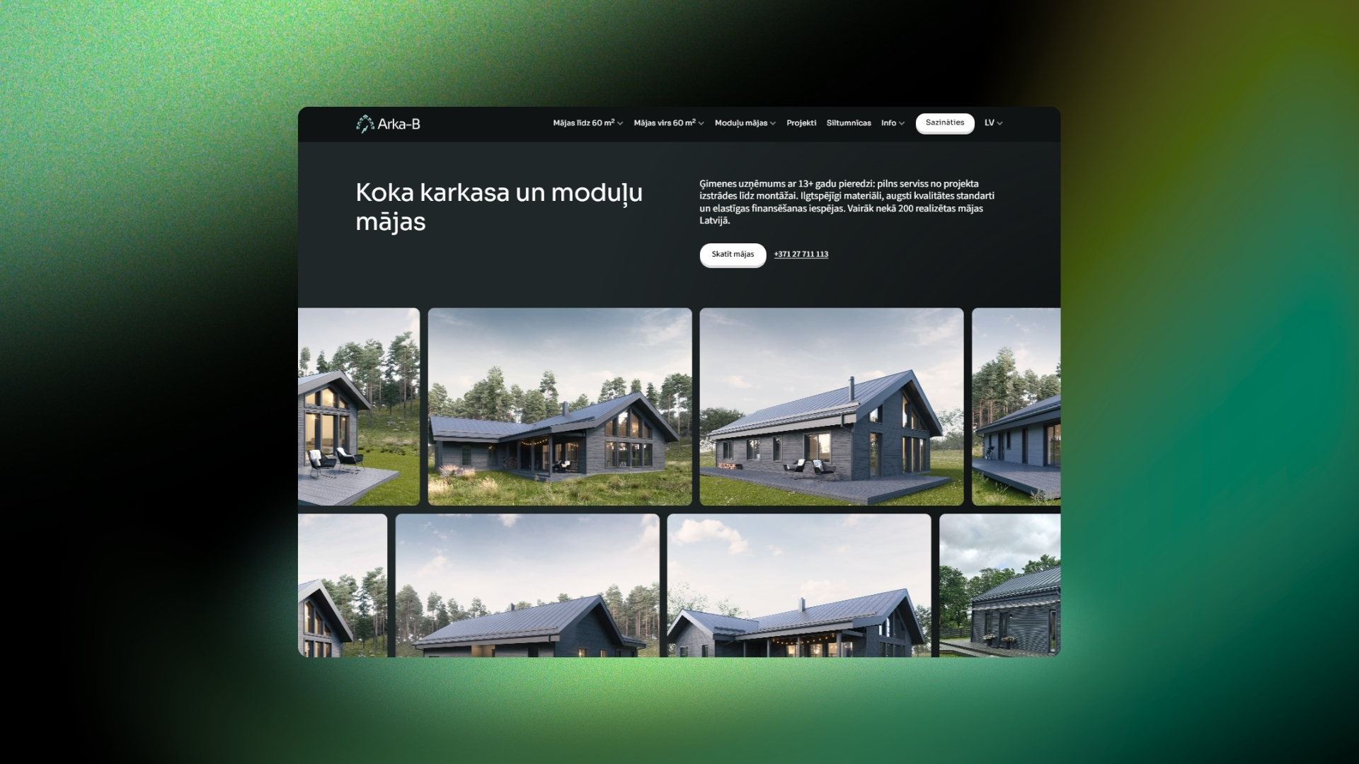 Arka-B mājaslapas sākumlapas dizaina makets moduļu un koka karkasa mājām