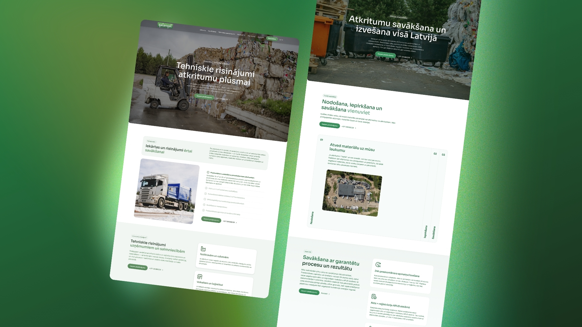 Galangal mājaslapas iekšējo lapu skats ar savākšanas un pārstrādes pakalpojumiem