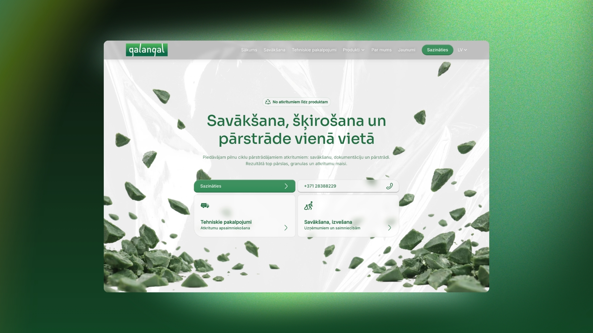 Galangal mājaslapas sākumlapas dizaina makets atkritumu pārstrādes uzņēmumam