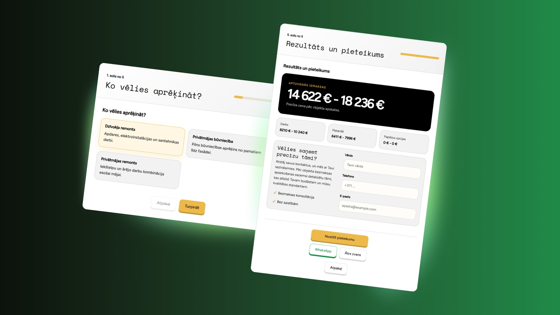 Real T Projects cenu kalkulatora lapas skats ar projekta budžeta aprēķinu
