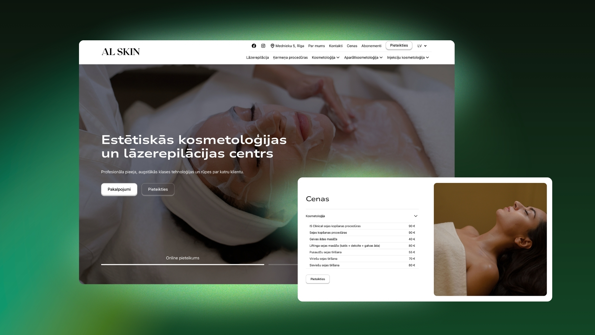 Alskin.lv mājaslapas sākumlapas dizaina makets ar skaistumkopšanas pakalpojumu izcēlumu