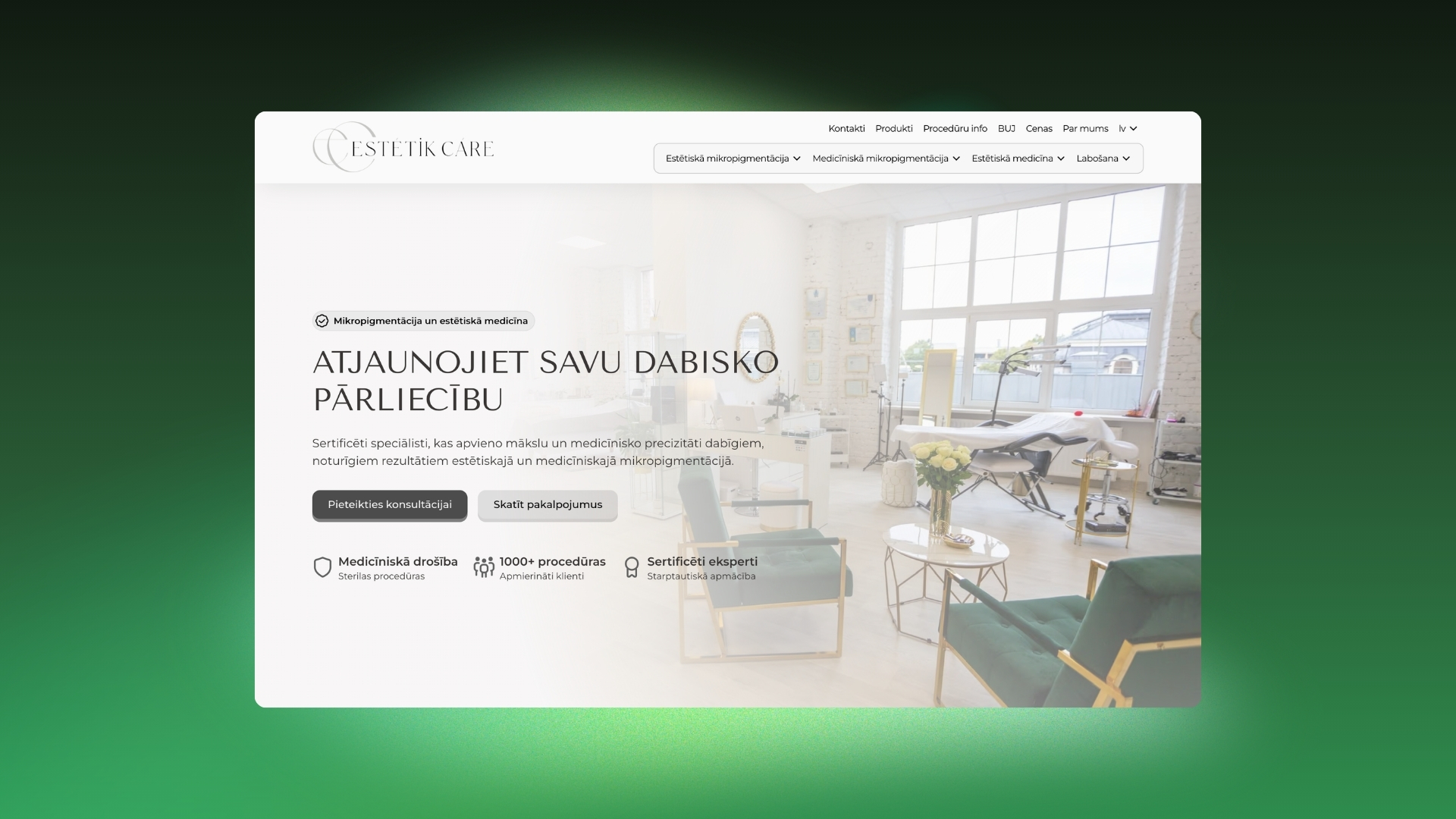 Estetikcare.lv mājaslapas sākumlapas dizaina makets