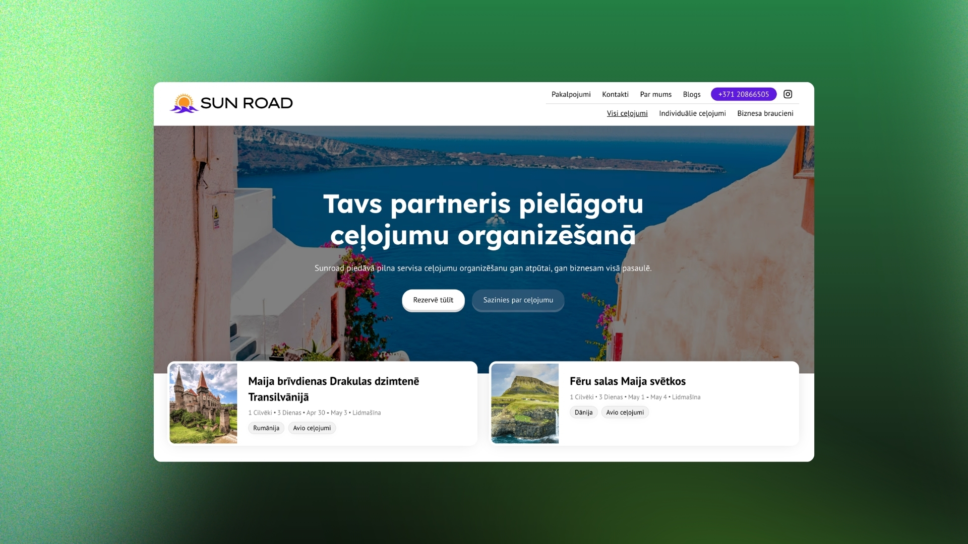 Sunroad.lv ceļojumu aģentūras mājaslapas sākumlapas dizaina makets