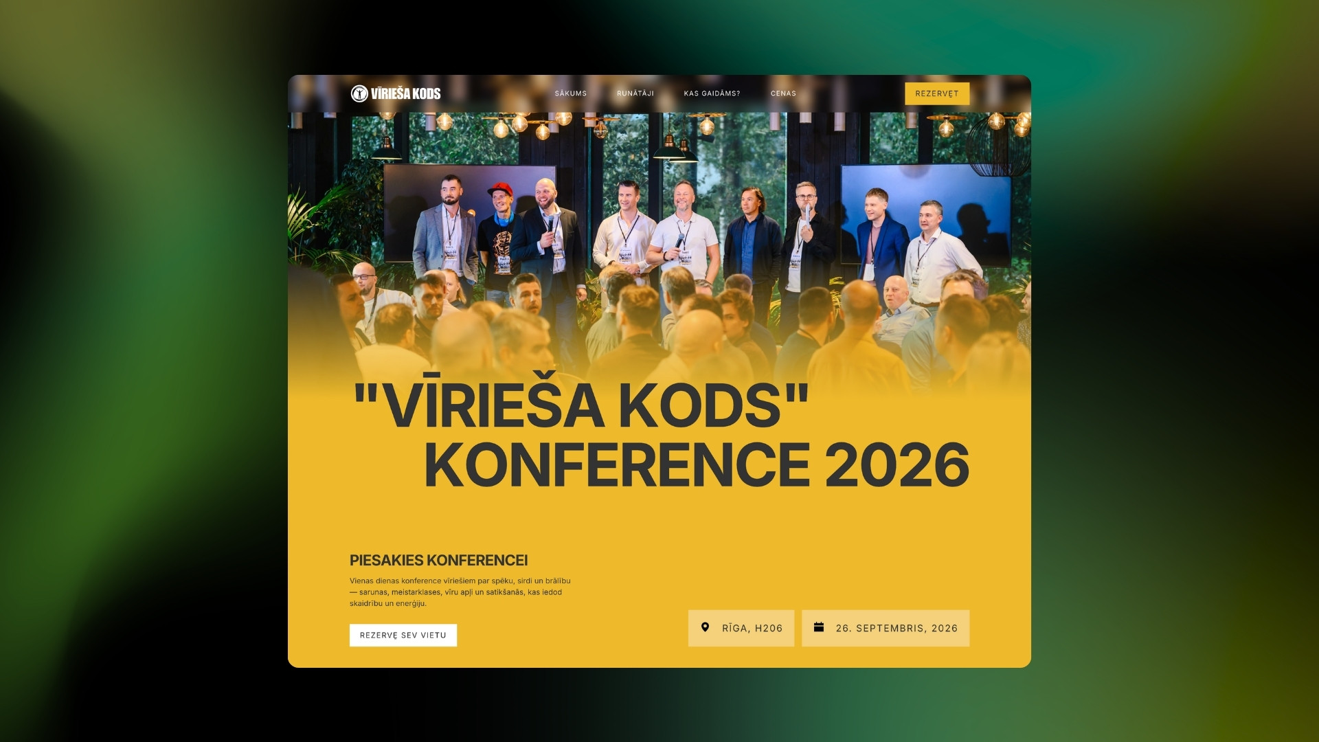 Konferences “Vīrieša kods 2026” mājaslapas sākumlapas dizaina makets