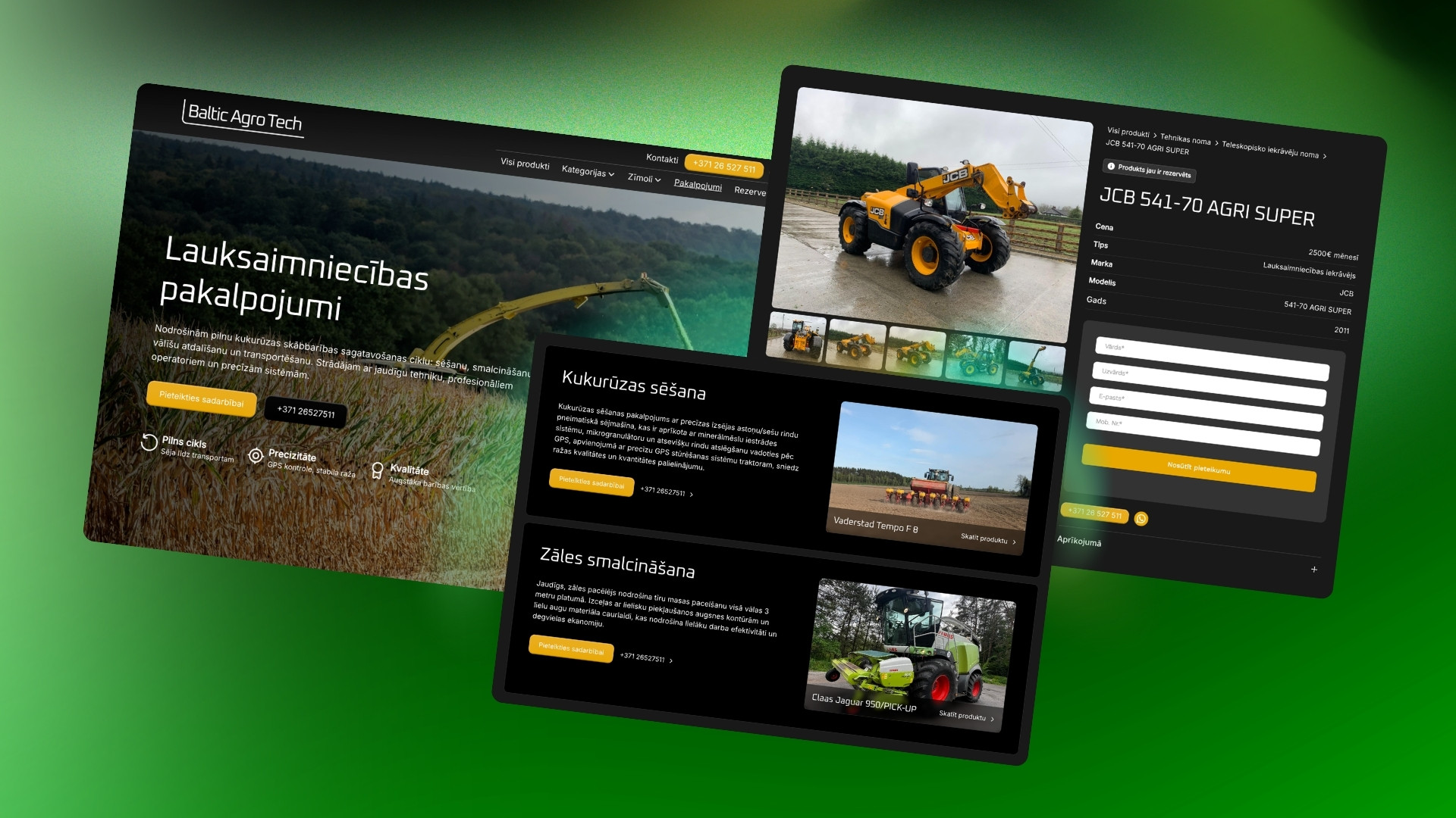 Balticagrotech.lv tehnikas lapas skats ar specifikāciju un saziņas iespējām