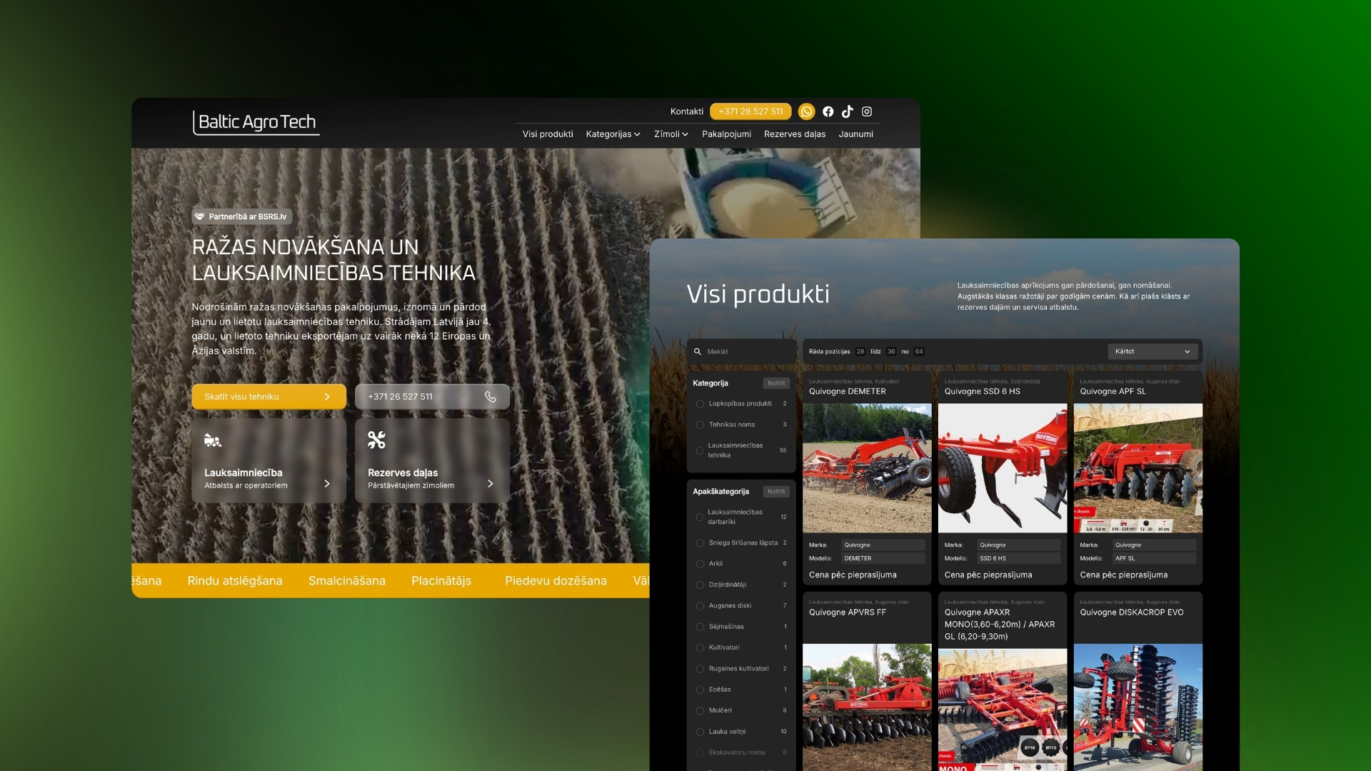 Balticagrotech.lv mājaslapas sākumlapas dizaina makets agrotehnikas uzņēmumam