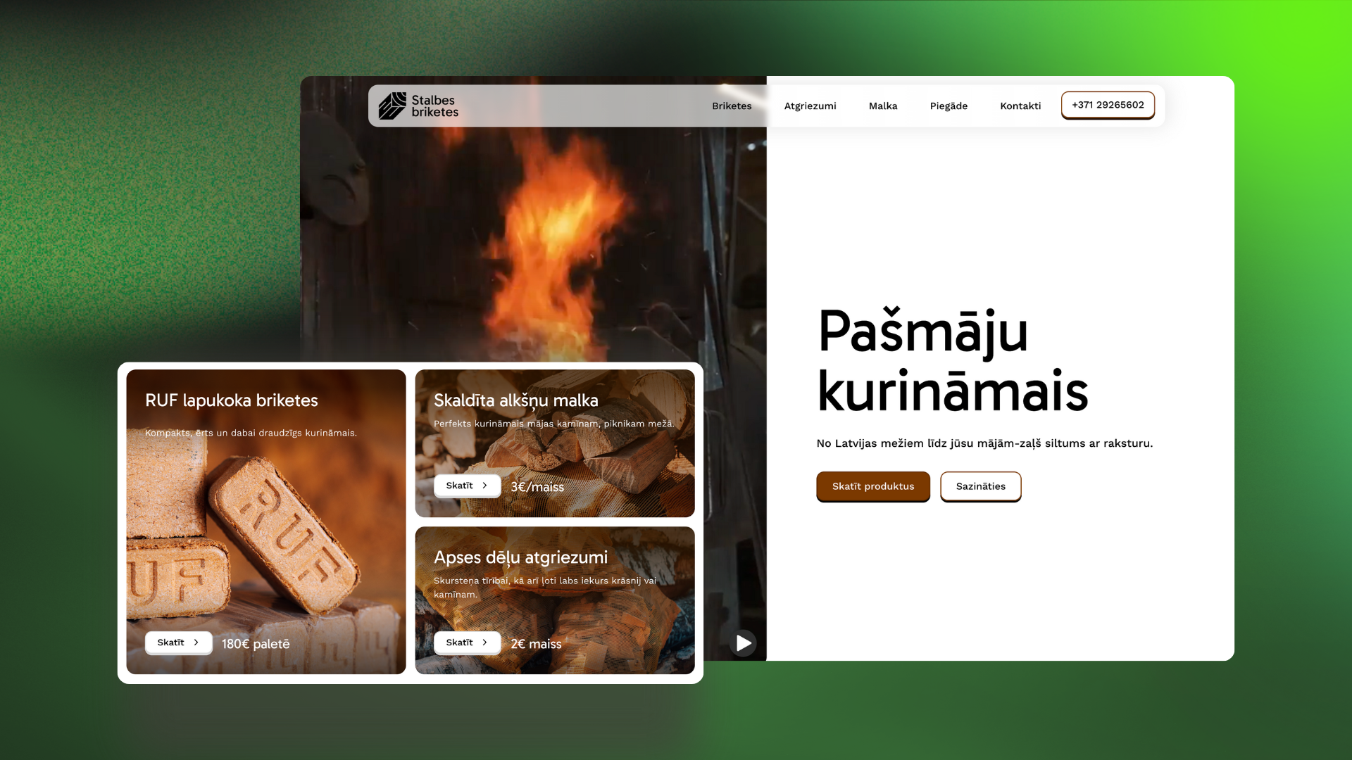 Stalbes Briketes mājaslapas sākumlapas dizaina makets ar jauno vizuālo identitāti