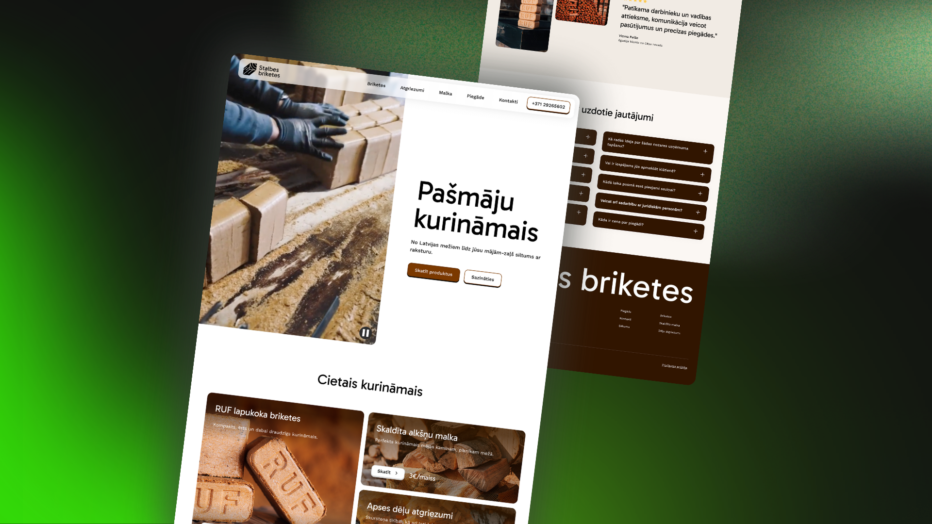 Stalbes Briketes mājaslapas iekšējo lapu skats ar kurināmā produktu klāstu