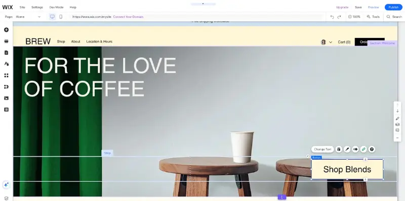Wix’s drag‑and‑drop editor with intuitive element customization controls and real‑time design editing.