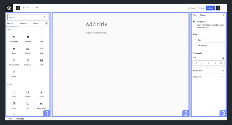WordPress Block Editor interface, displaying the content canvas alongside the block inserter and settings panel for structured page building.