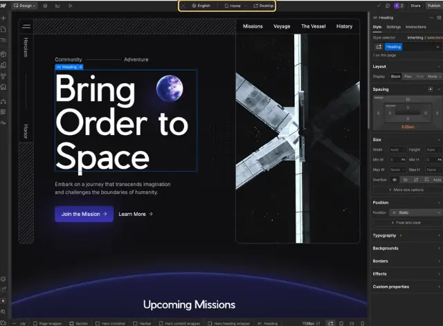 Webflow visual editor featuring granular control panels next to the live canvas for styling elements and managing interactions.