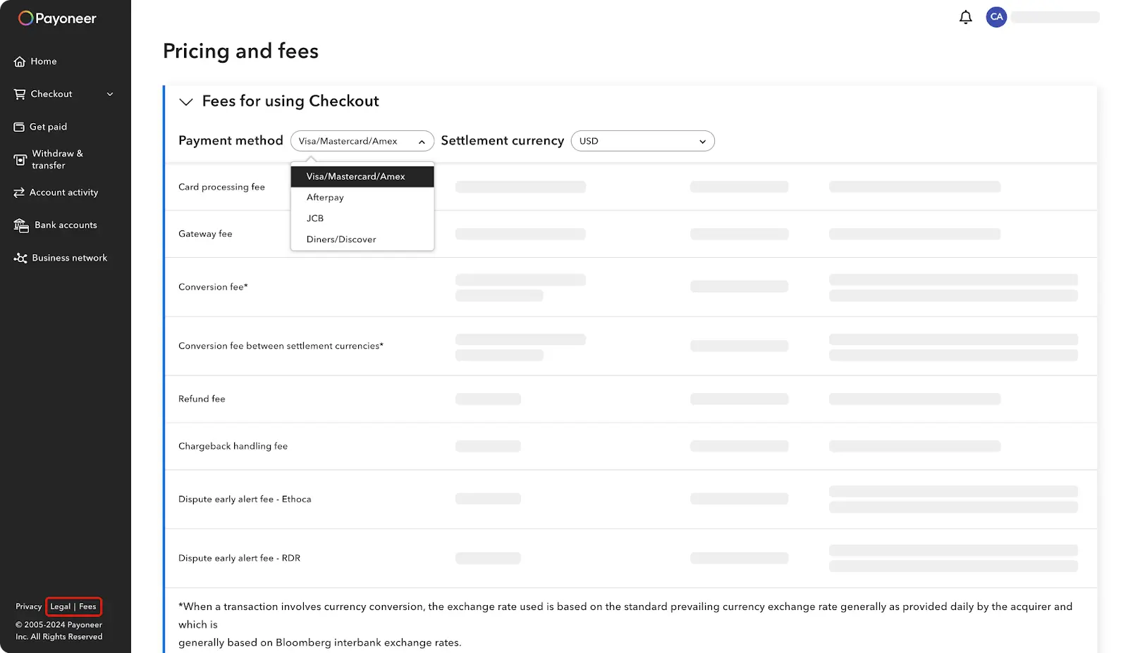 Payoneer interface showing transaction fees, conversion rates, and payment method options