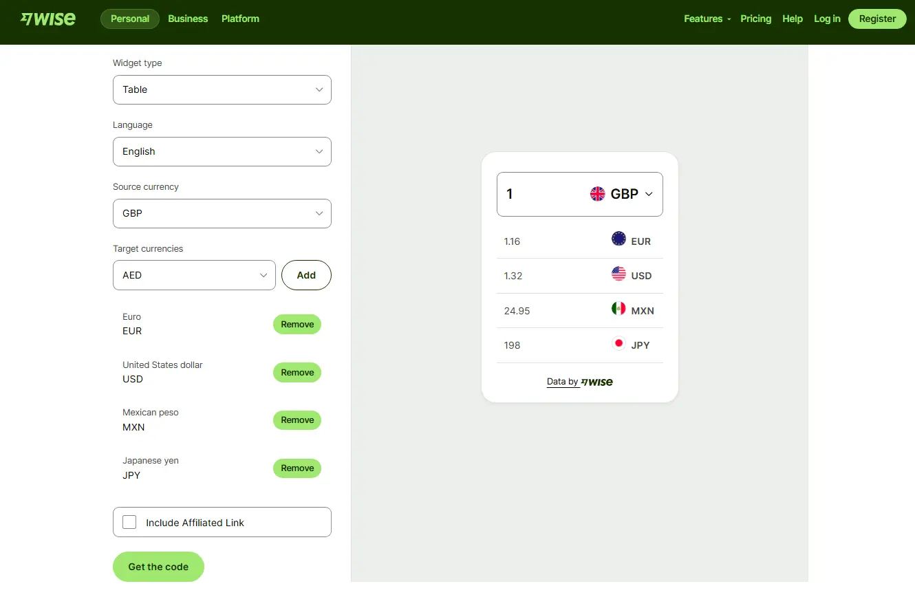 Customizable Wise widget setup, perfect for sharing live exchange rates on websites