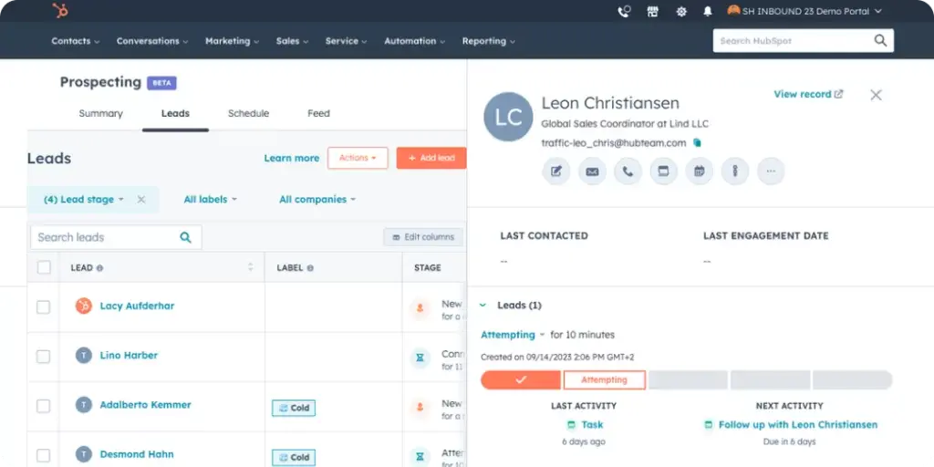 HubSpot CRM’s prospecting view, displaying lead details, tracked activities, and scheduled follow-ups in a clean, intuitive layout
