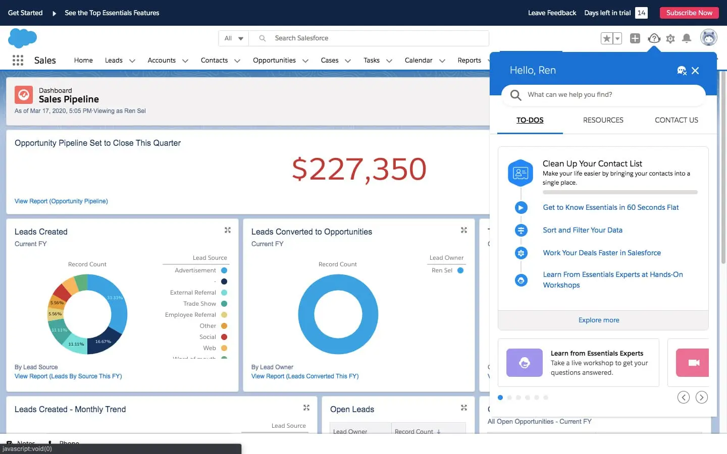 Salesforce Essentials dashboard in Lightning, combining performance metrics, visual charts, and streamlined navigation for small business teams