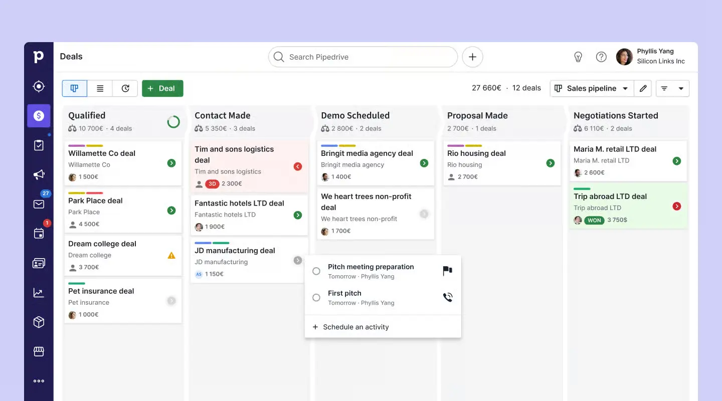 Pipedrive’s sales dashboard displaying key activity and results metrics through an intuitive sidebar and visual charts for efficient pipeline management
