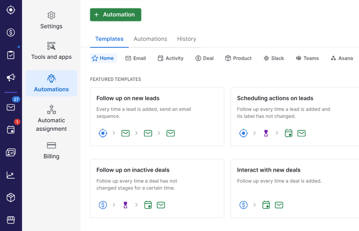 Pipedrive Automations dashboard, enabling sales teams to build conditional workflows that streamline follow-ups, deal updates, and team notifications