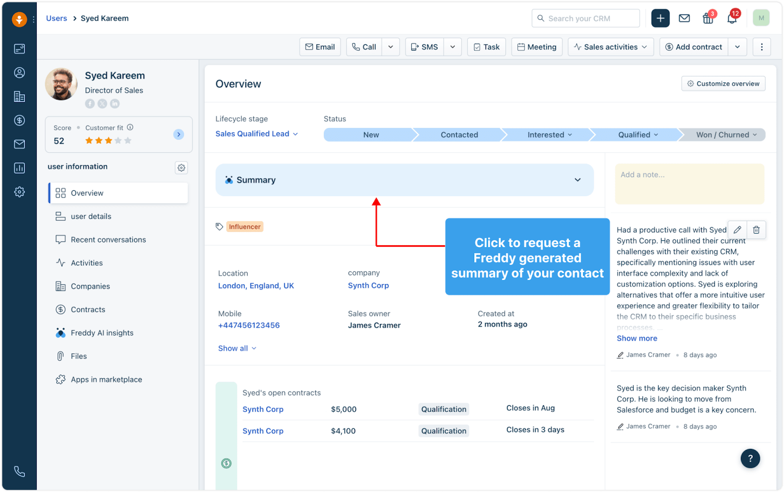 With Freddy AI in Freshsales, users get AI-generated summaries of email threads, notes, and deals—saving time when preparing for calls or follow-ups