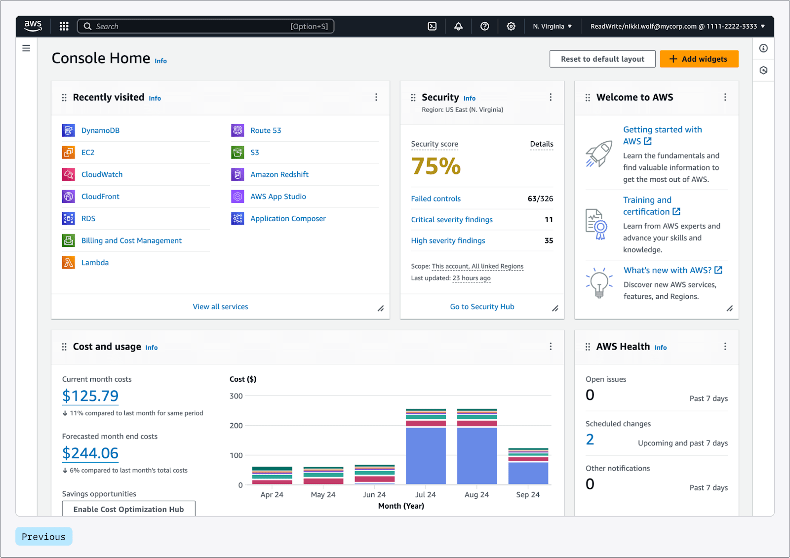  Centralized AWS Management Console view, giving quick access to cloud resources, security status, cost tracking, and operational health in one unified interface