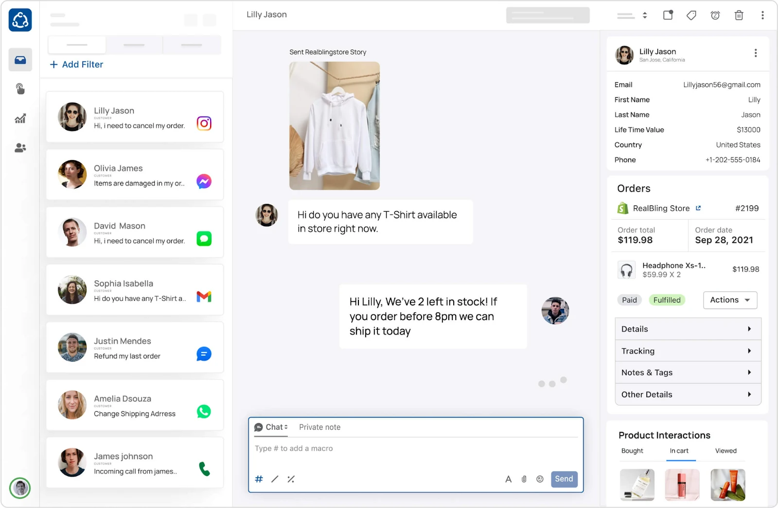 Richpanel’s agent dashboard featuring unified inbox threads and at-a-glance customer context for efficient support delivery