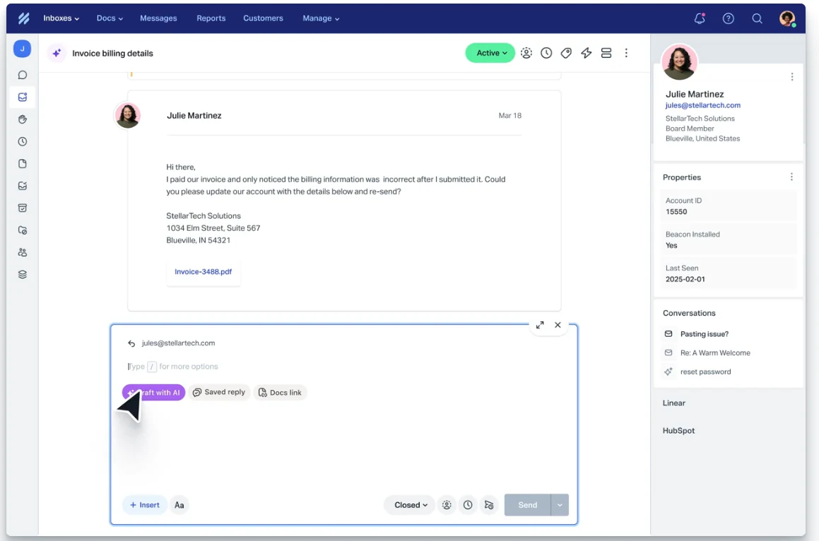 Help Scout’s shared inbox interface, showing a customer email with integrated context, saved replies, and AI-powered drafting tools for faster support