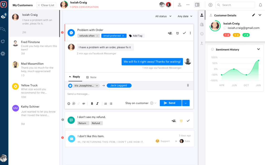 The Kustomer dashboard with omnichannel messaging, customer information, and case context centralized in one streamlined interface