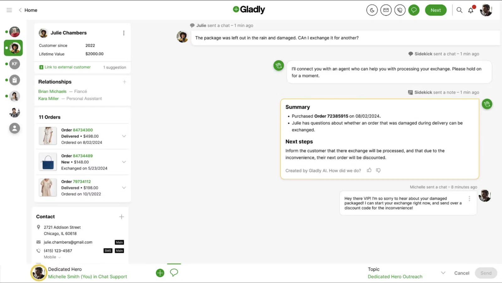With Gladly’s timeline view, agents can handle chat, email, and history with full context—streamlining support across all channels