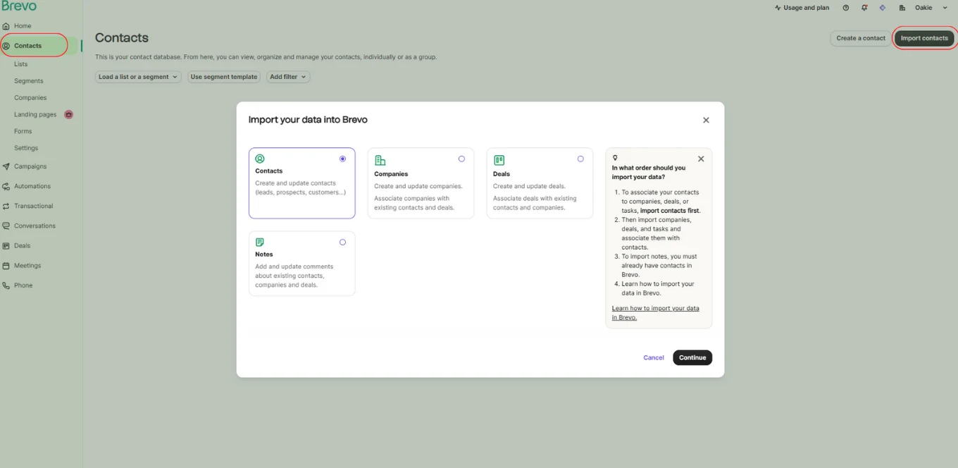 Brevo’s contact import screen makes it easy to bring in new subscribers.