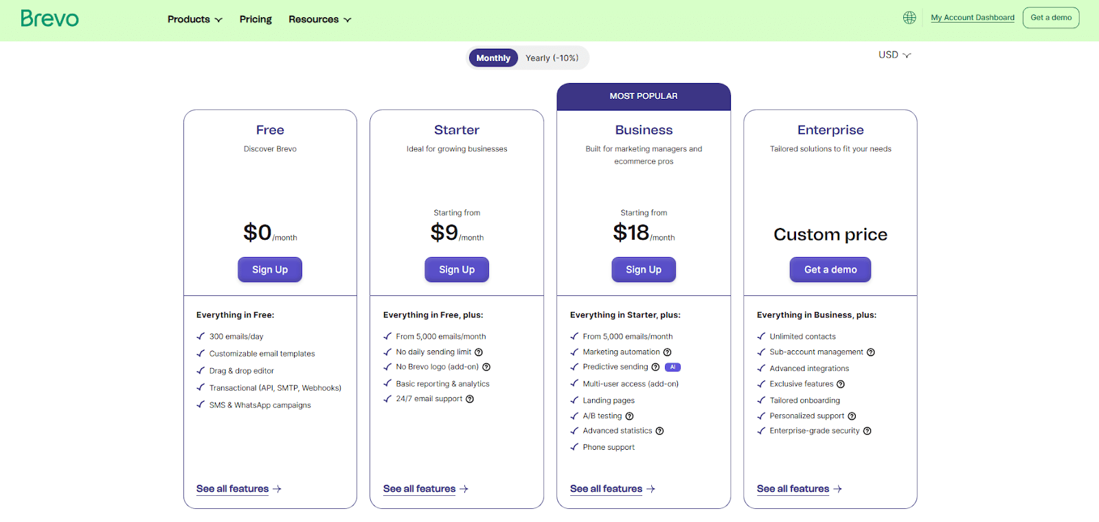 Brevo’s pricing plans range from a free option with 300 emails per day to advanced Business and Enterprise tiers