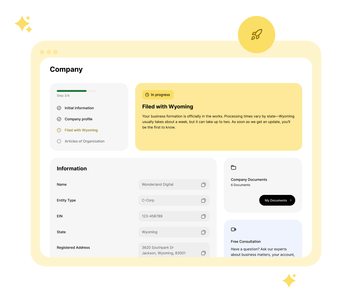 Doola’s step-by-step business formation dashboard showing company details, EIN, filing status with Wyoming, and access to essential documents