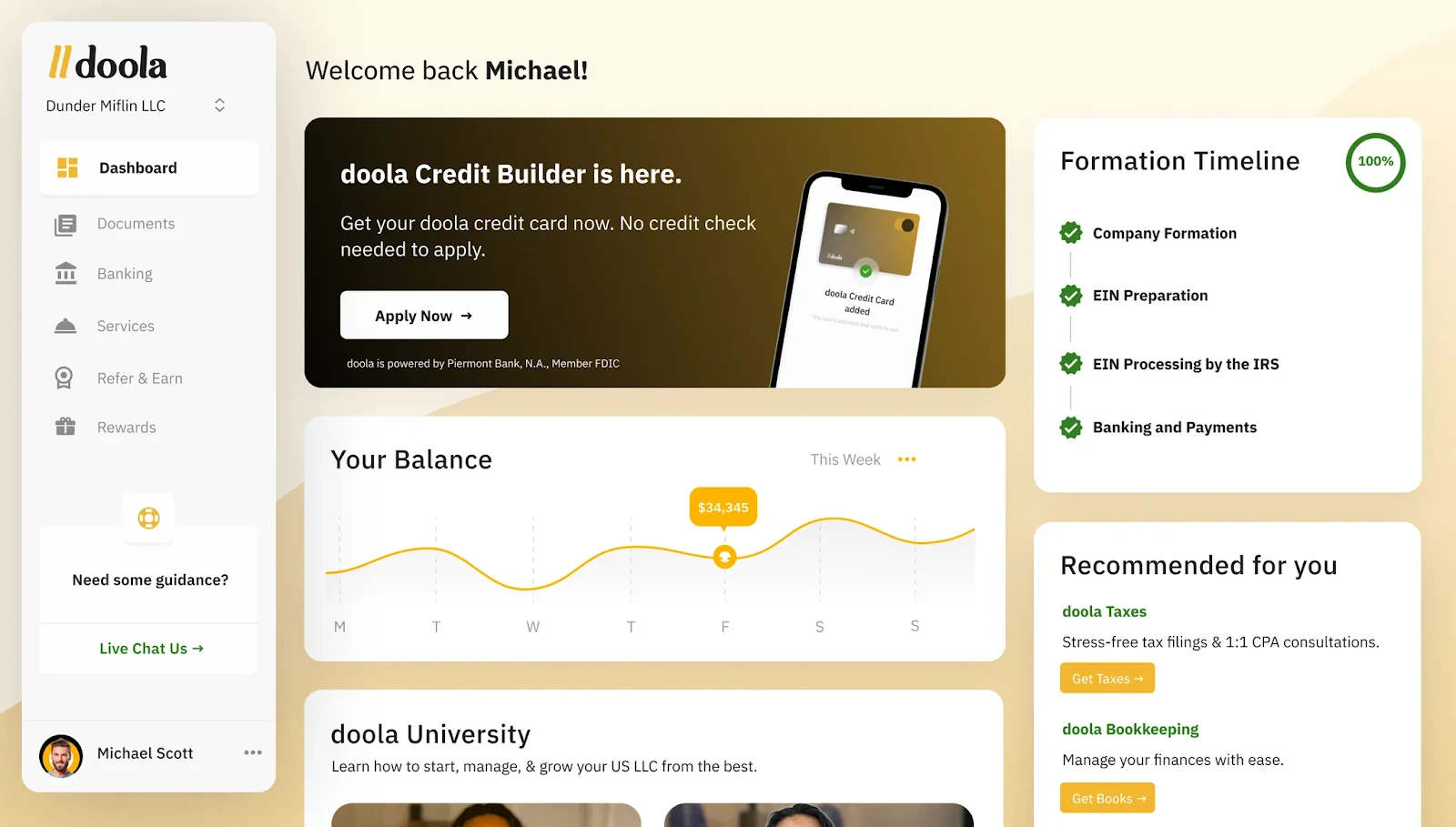 Doola’s intuitive dashboard gives founders a clear overview of company formation progress, EIN handling, finances, and compliance tools—all in one place.