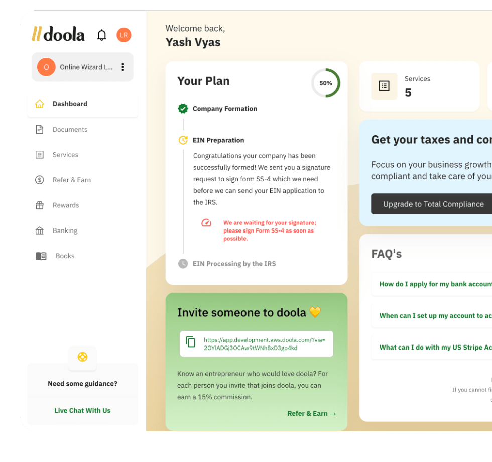 Doola’s dashboard tracks your business formation progress, EIN preparation, and compliance tasks while offering easy access to services, FAQs, and referral rewards