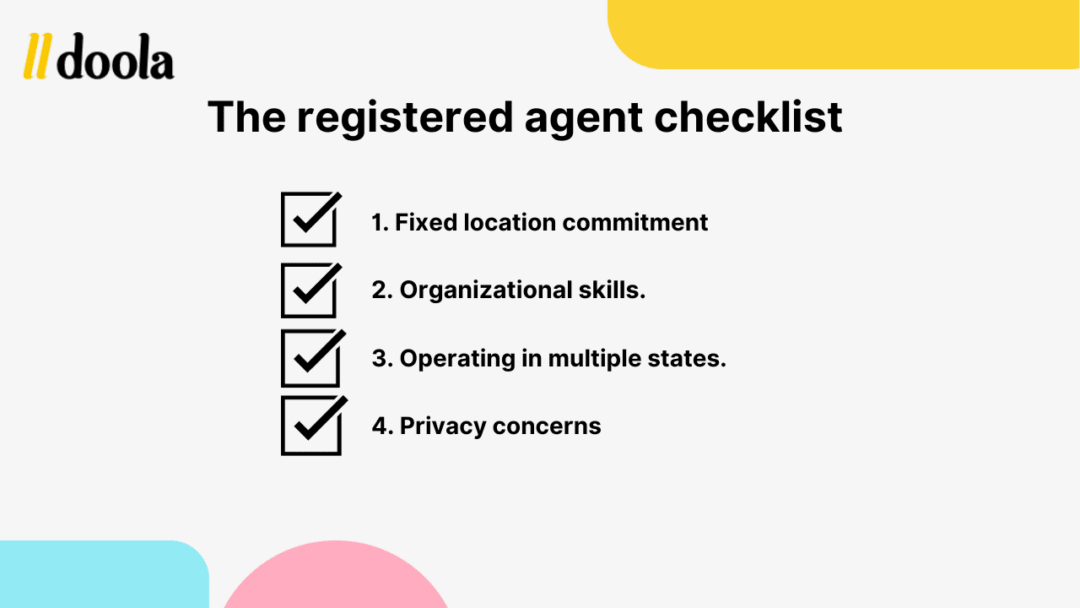 Doola’s registered agent checklist highlights key responsibilities like location commitment, organization, multi-state coverage, and privacy protection