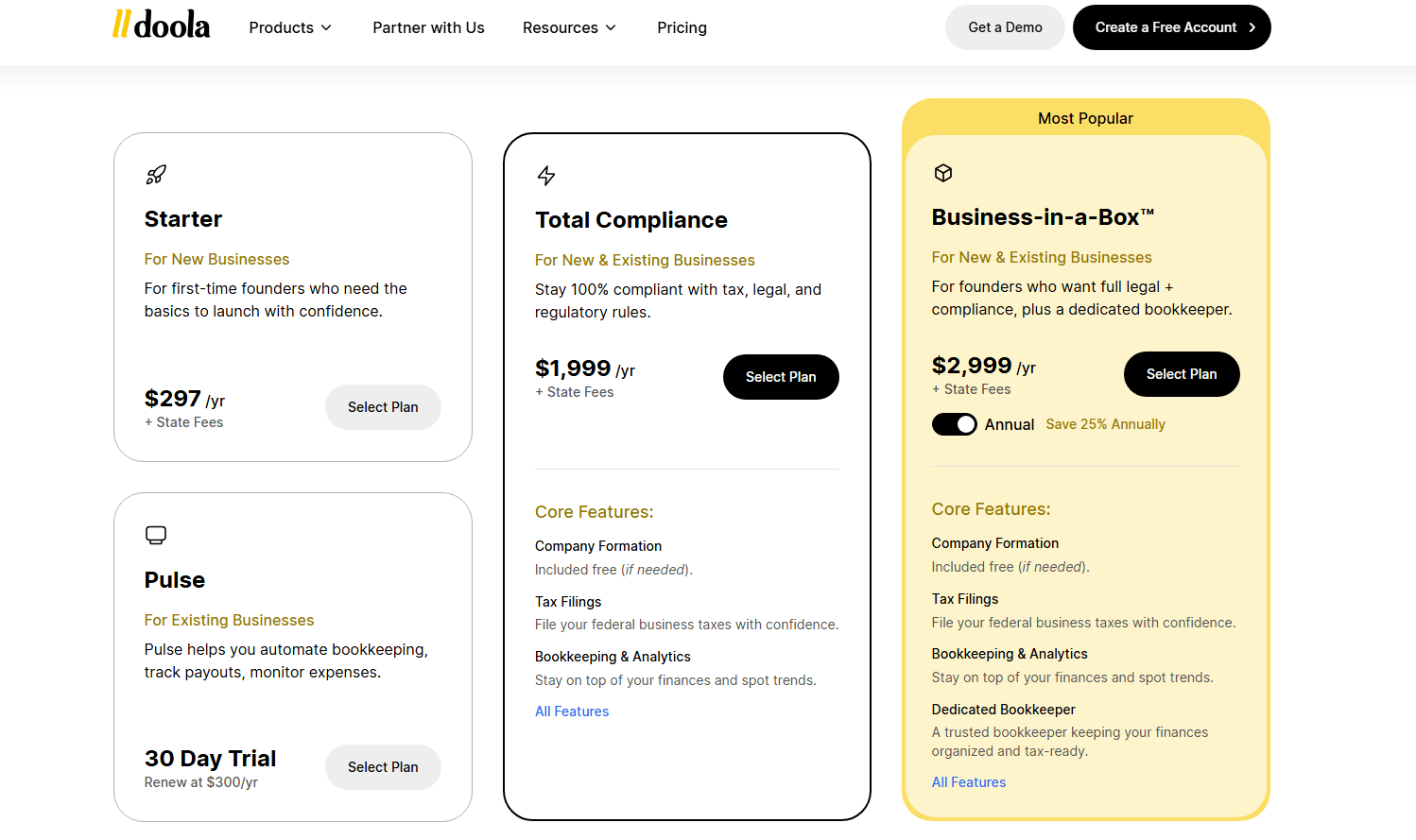 Doola’s pricing plans, from Starter for new founders to advanced Business-in-a-Box™, offering company formation, compliance, tax filings, and bookkeeping support