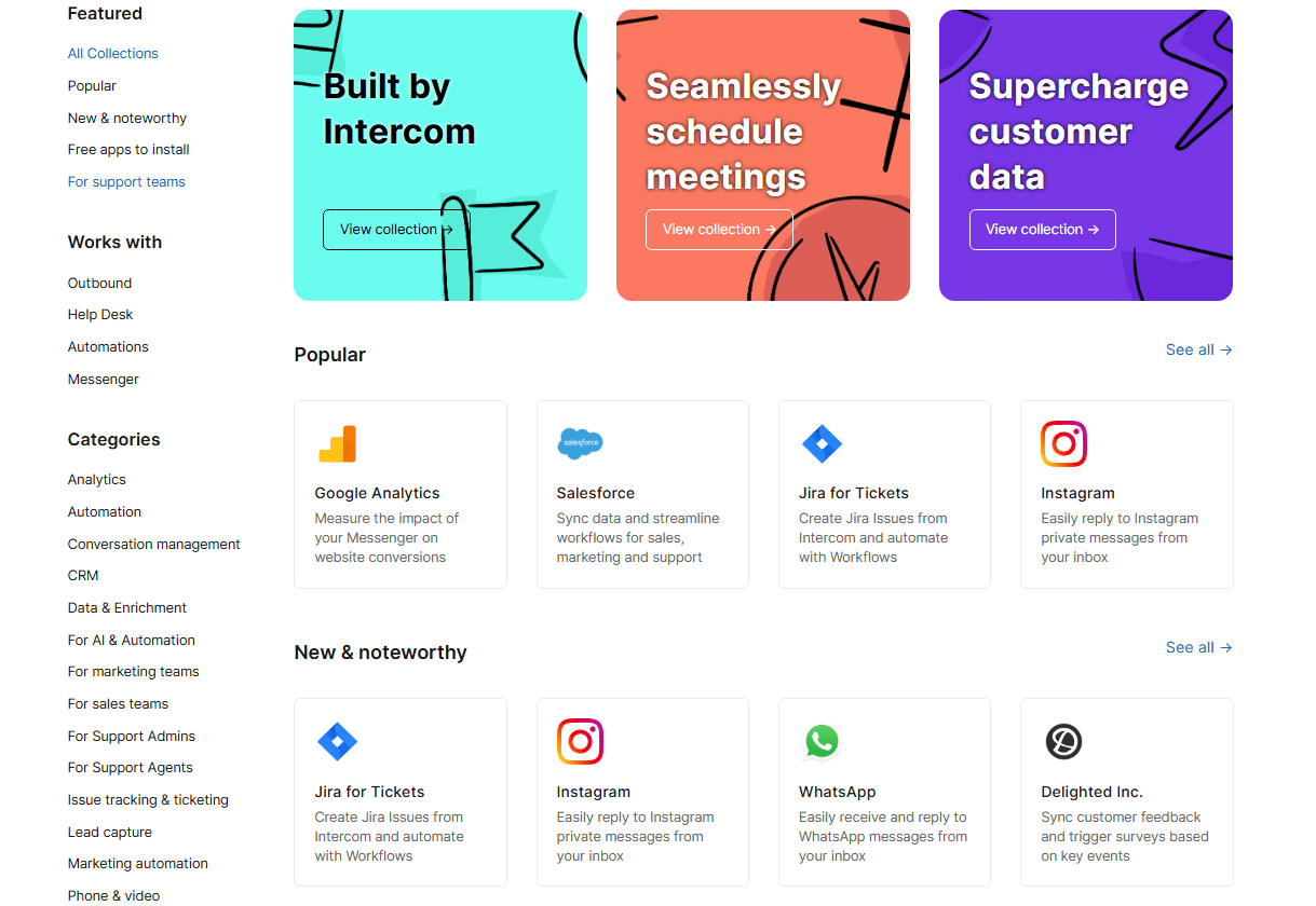 Intercom’s app marketplace, connecting with tools like Salesforce, Jira, Instagram, and WhatsApp to streamline workflows and customer engagement