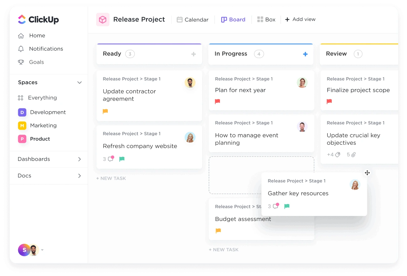 ClickUp’s visual board interface helps teams plan, track, and manage projects using customizable columns and task cards in a single collaborative workspace
